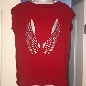 Red t-shirt with cut out Angel wings on the back